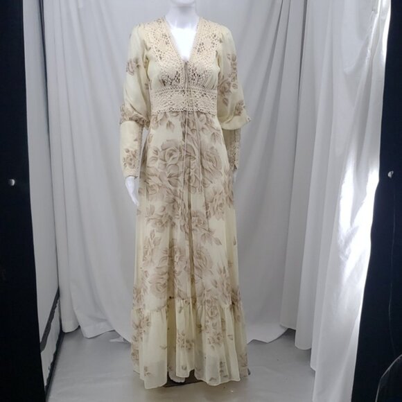 Vintage Floral Gunne Sax Cream Long-Sleeve Romantic Crotched Detailing Size 9 - Picture 1 of 14